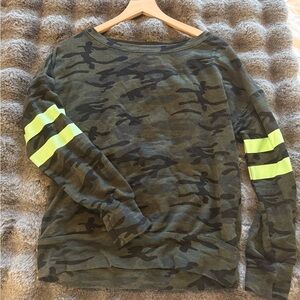 Sundry Olive Green Camo Top with Neon Yellow Arm Stripes